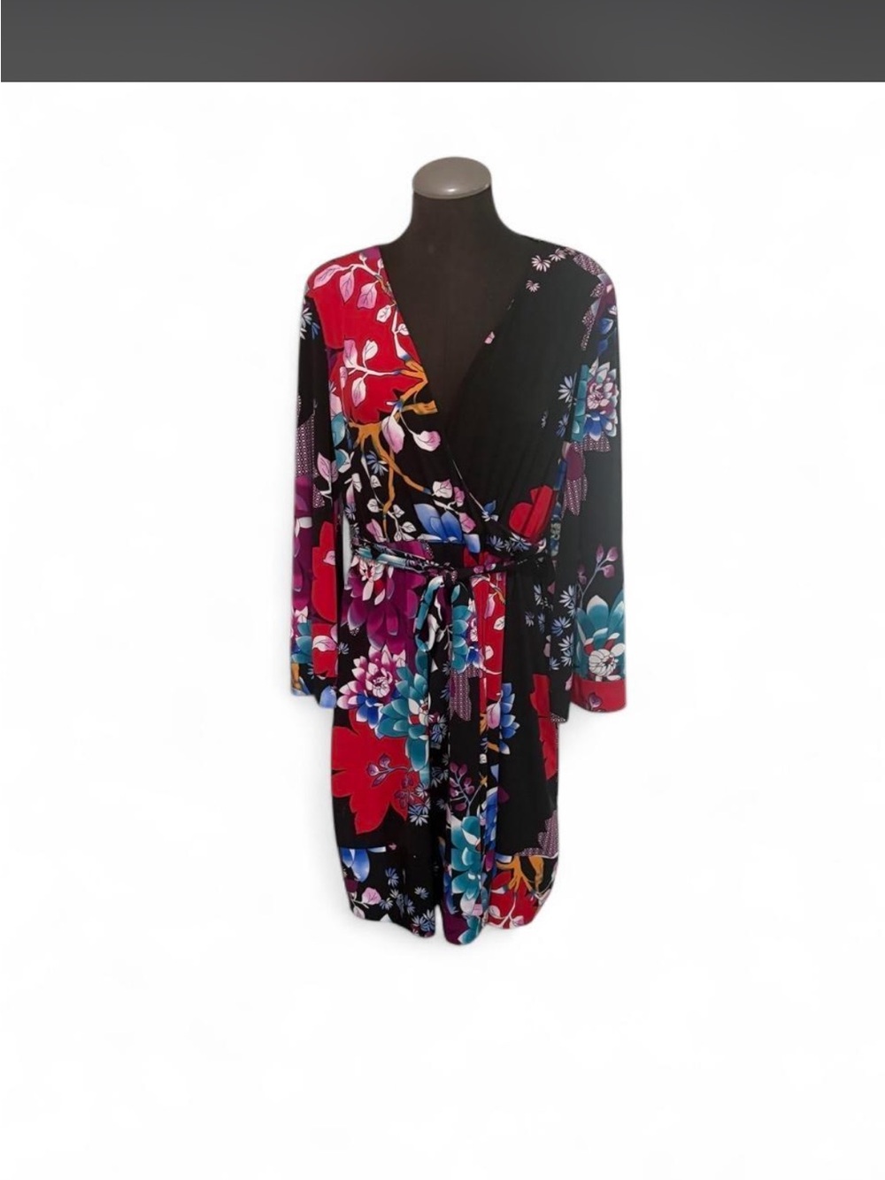 Calvin Klein Black Floral Wrap Robe with Red & Blue Blooms
